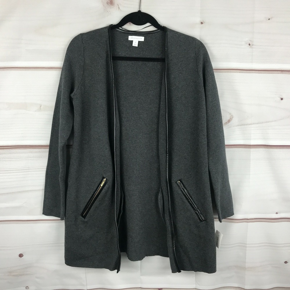 Charter Club Sweater Womens XS Gray Cardigan Open Front Long Sleeve Zip Pocket